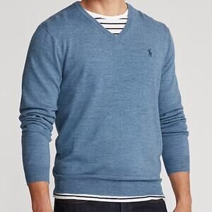 Ralph Lauren Merino Wool Sweater Mens XL Washable Lt Chambray Heather V-Neck